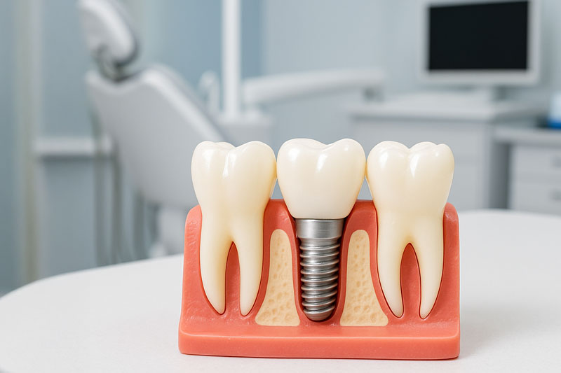 Dental implant model on a dental office counter, dental office