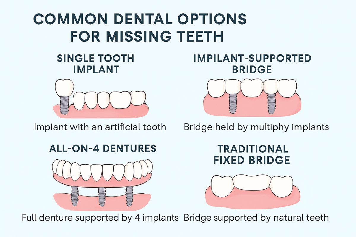Image displaying the common dental options for missing teeth, including a single tooth implant, implant supported bridge, All-on-4 dentures, and a traditional fixed bridge. Each option is clearly labeled with text, along with a short, simple description for each.