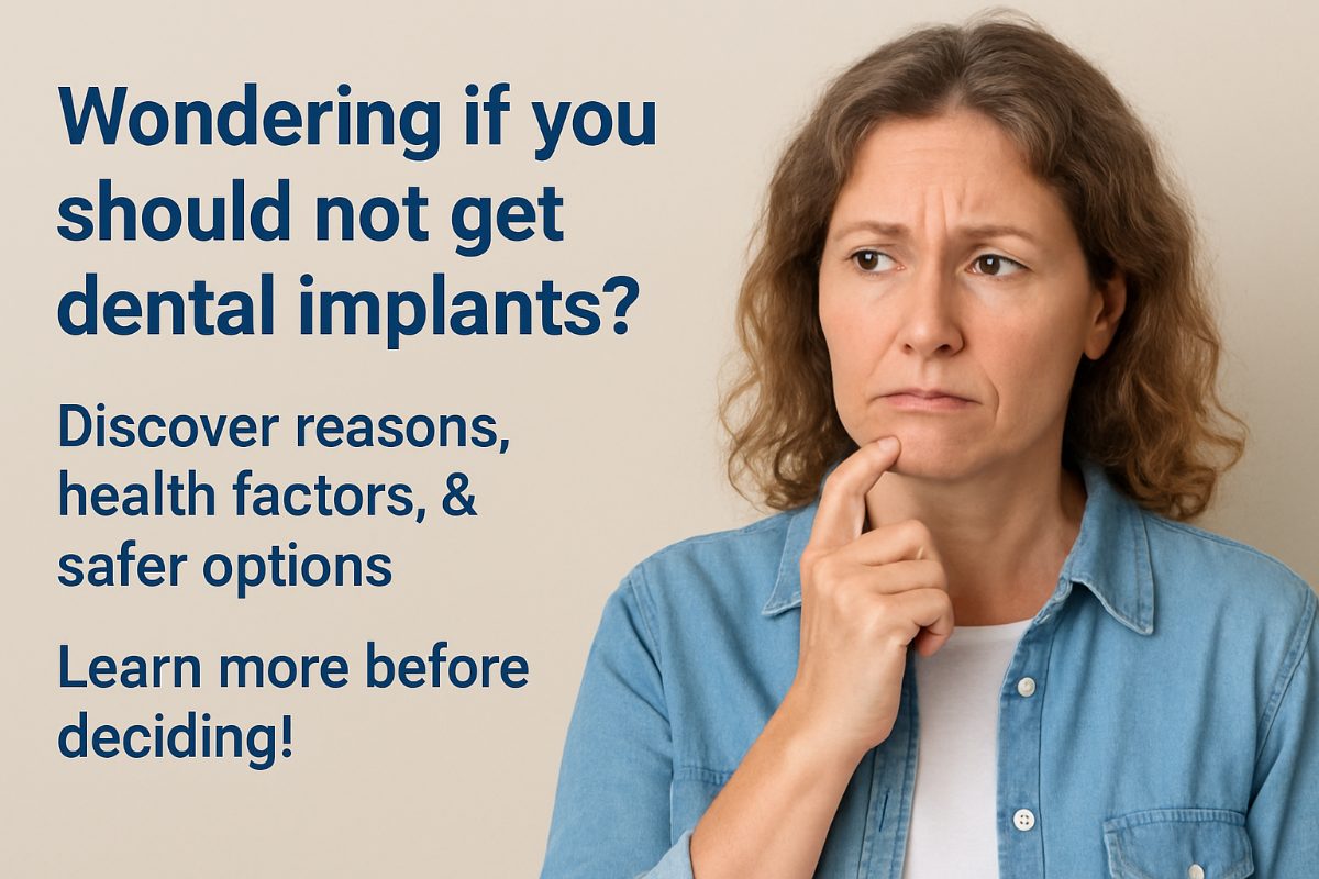 Image of a worried patient talking to a dentist. The dentist is explaining why dental implants may not be the best option for them right now, using x-rays to point out potential issues. No text on image.