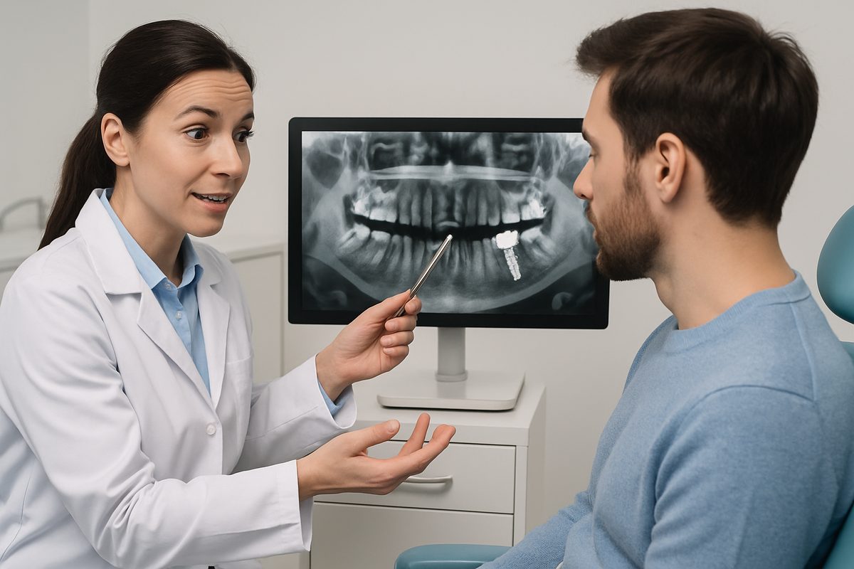 A dentist is pointing to a digital x-ray of a patient's mouth, showing a dental implant integrated into the jawbone. The dentist is explaining the benefits of dental implants to the patient. No text on image.