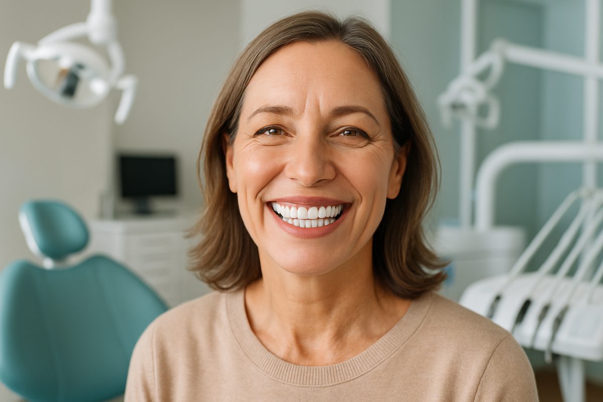 A person smiling with their new dental implants, showcasing a complete and healthy smile. The background is a modern dental office setting, and the image should convey confidence and satisfaction. No text on the image.