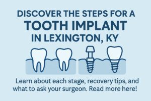 An infographic showing the "steps for a tooth implant". The steps are numbered one through five, and include consultation, preparatory care, surgical placement, healing, and abutment.