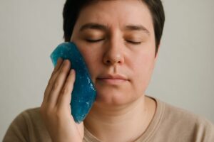 A person with a slightly swollen face using an ice pack on their cheek, indicating the first steps of implant recovery. Focus on their calm expression, suggesting manageable discomfort. No text on the image.