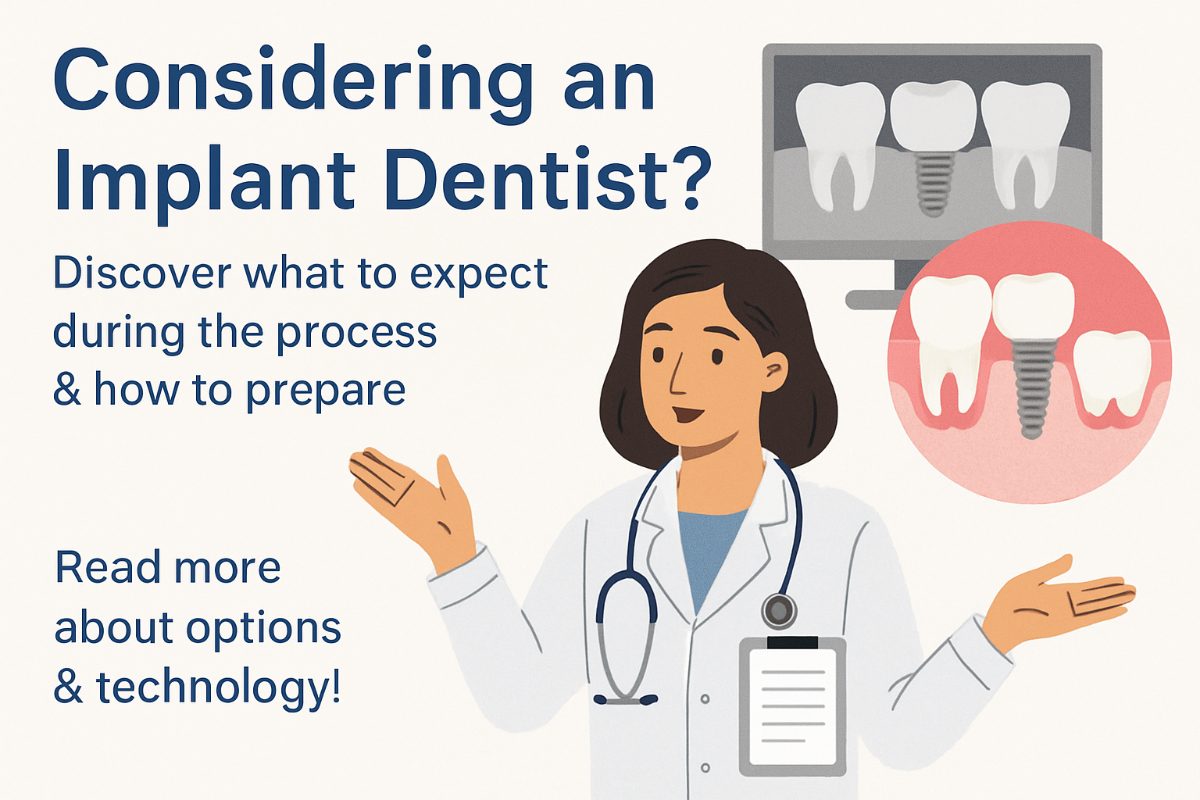 A caring implant teeth dentist is consulting with a patient, reviewing 3D scans and discussing the benefits of dental implants for restoring their smile. No text on the image.