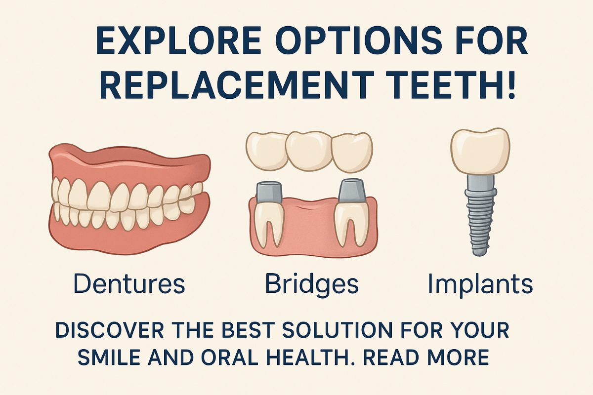A split image showing three options for teeth replacement: dentures, a dental bridge, and a dental implant. No text on the image.