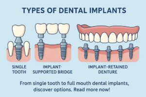 A diagram illustrating the four main types of dental implants: endosteal, subperiosteal, zygomatic, and pterygoid, with labels and brief descriptions of each. No text on image.