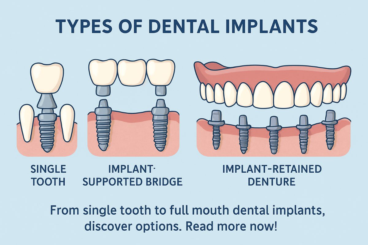 A diagram illustrating the four main types of dental implants: endosteal, subperiosteal, zygomatic, and pterygoid, with labels and brief descriptions of each. No text on image.