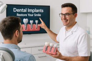 A modern dental office setting with a dentist explaining the dental implant procedure to a patient using a digital screen displaying 3D images of implants. The text on the screen says "Dental Implants: Restore Your Smile".