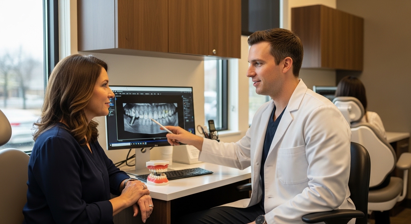 Dentist consulting with a patient about dental implants in a modern office setting.