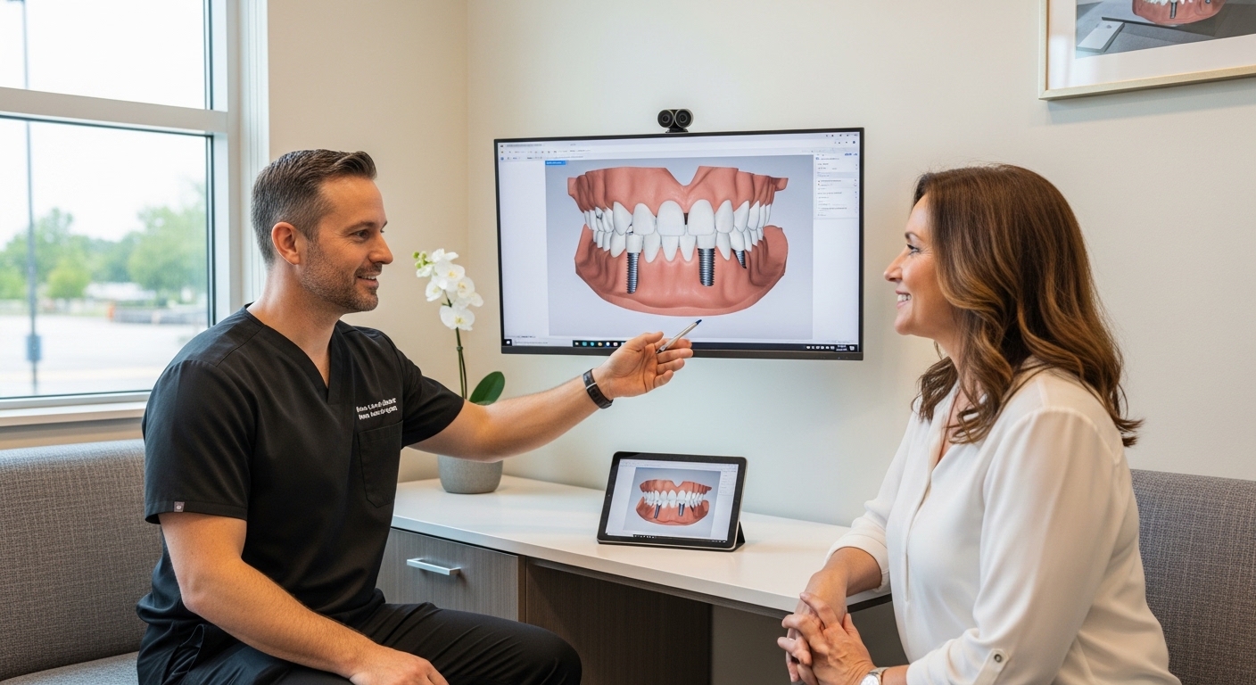 Dentist discussing All-on-Four implants with a patient in a modern dental clinic
