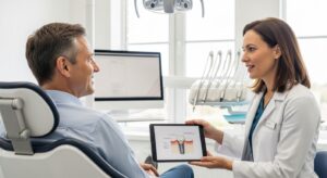 Dentist and patient in consultation discussing dental implants