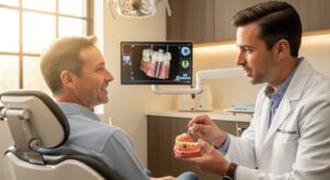 Dentist explaining dental implant procedure to a patient in a Louisville, KY office