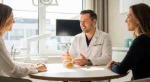 Patient in a dental office consulting with a dentist about implants