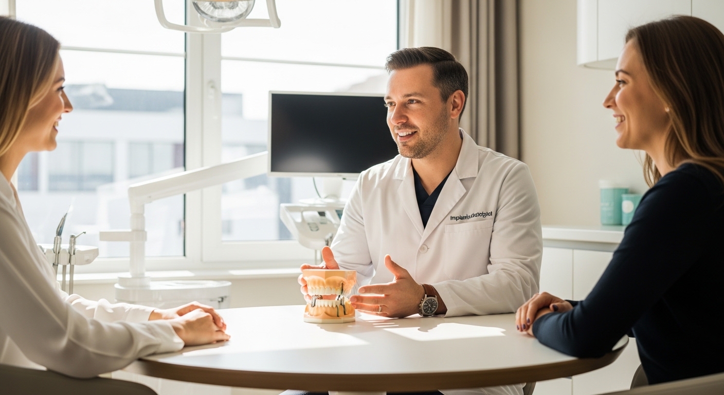 Patient in a dental office consulting with a dentist about implants