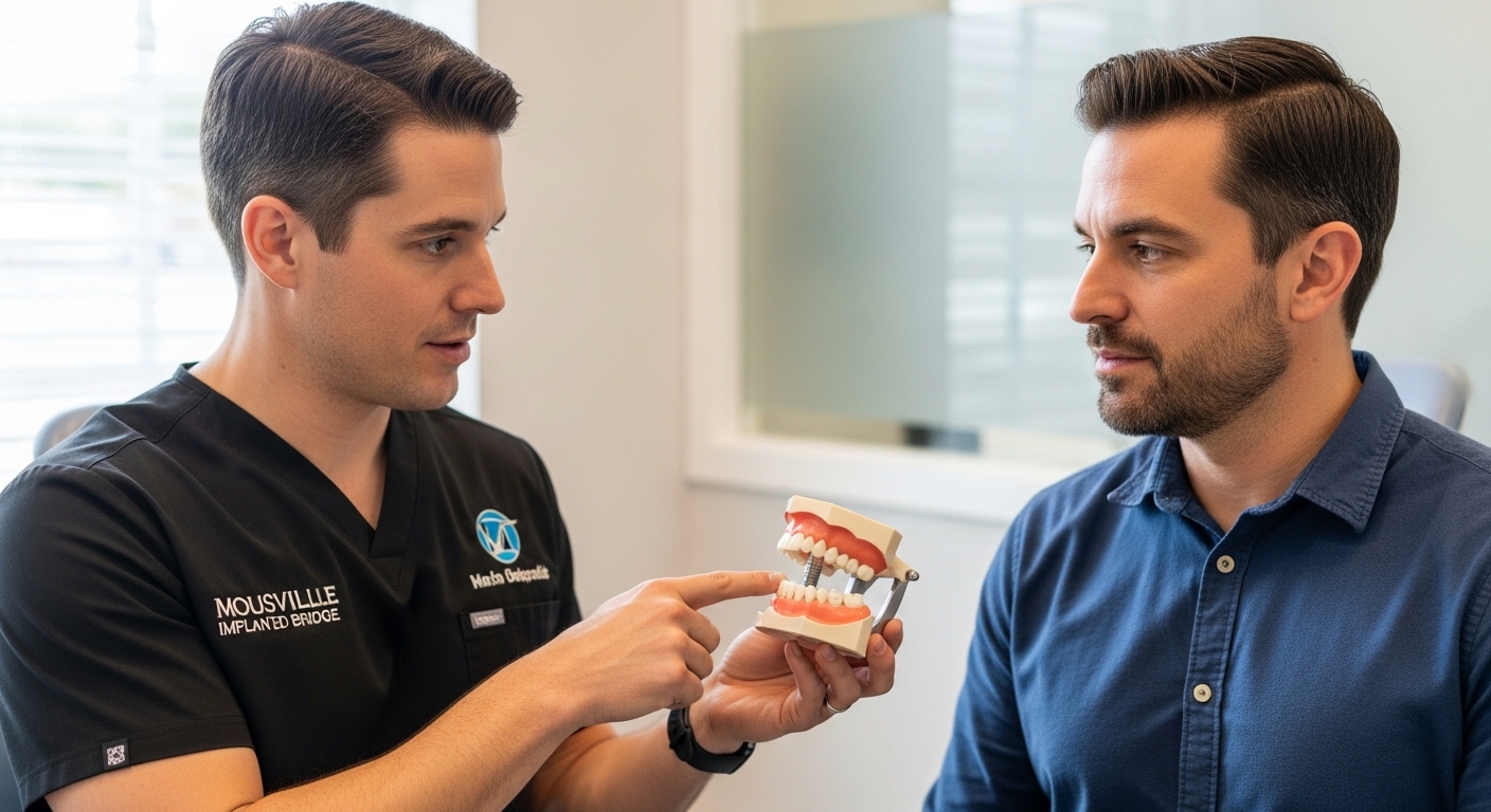 Dentist explaining implant-supported bridges to a patient in Louisville clinic