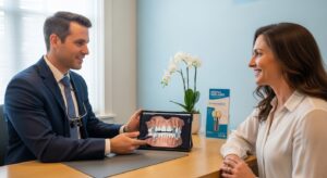 Dental consultation between dentist and patient discussing implant options