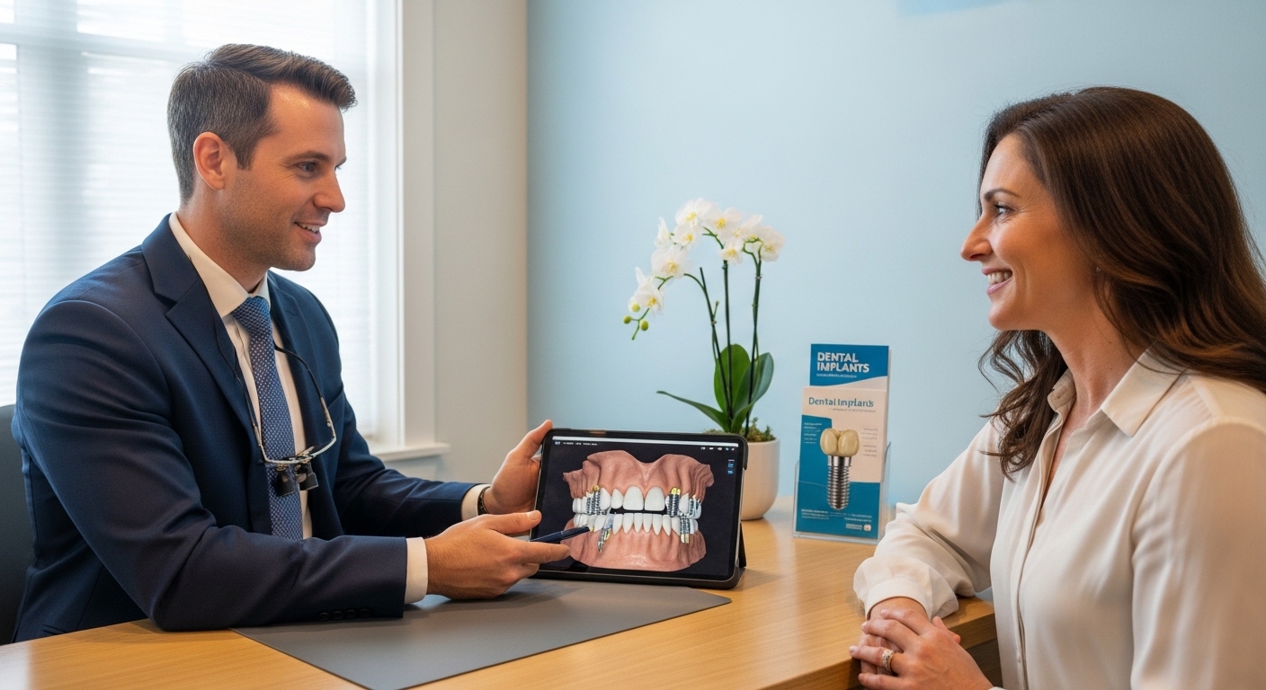 Dental consultation between dentist and patient discussing implant options