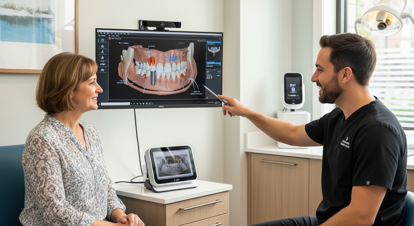 Dentist explaining dental implant options to a patient at Smile Rescue clinic.