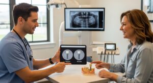 Dentist explains dental implant materials to a patient using visual aids in a modern office.