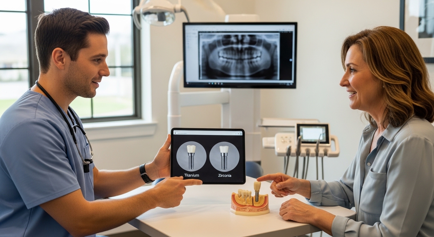 Dentist explains dental implant materials to a patient using visual aids in a modern office.