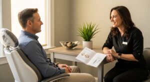 Patient consulting with a dentist about sedation options for dental implants