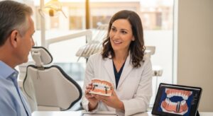 Dentist consulting a patient about full arch dental implants in a modern clinic