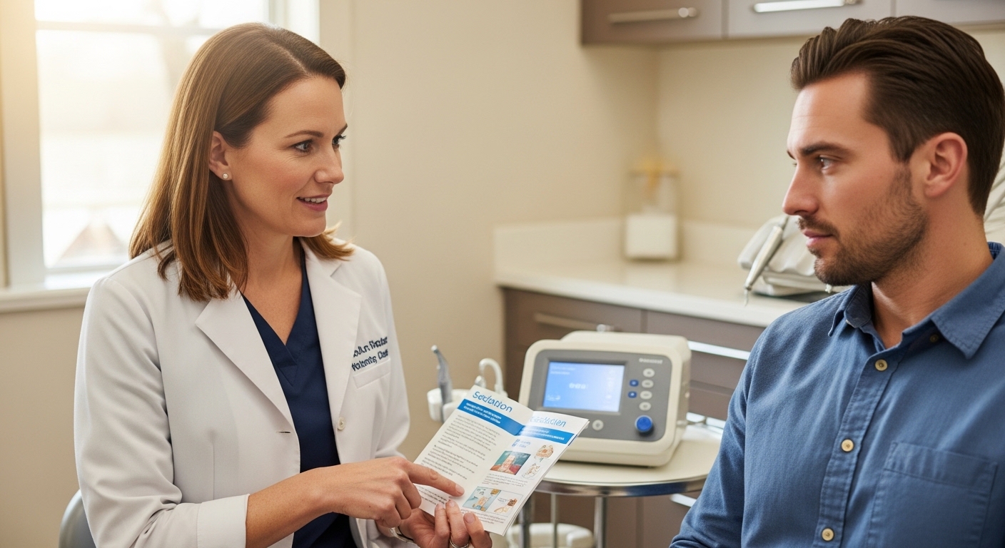 Dentist consults with patient about sedation dentistry in office