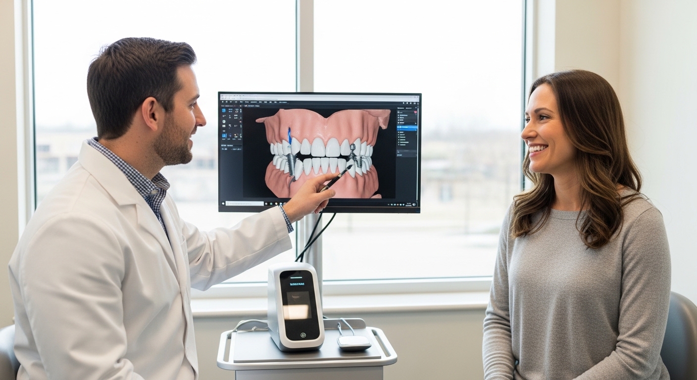 Patient consulting with a dentist about All-on-4 dental implants in a modern Louisville office