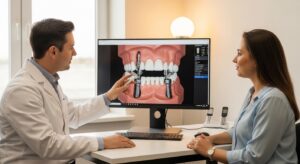 Dentist explaining full mouth dental implants using digital imagery