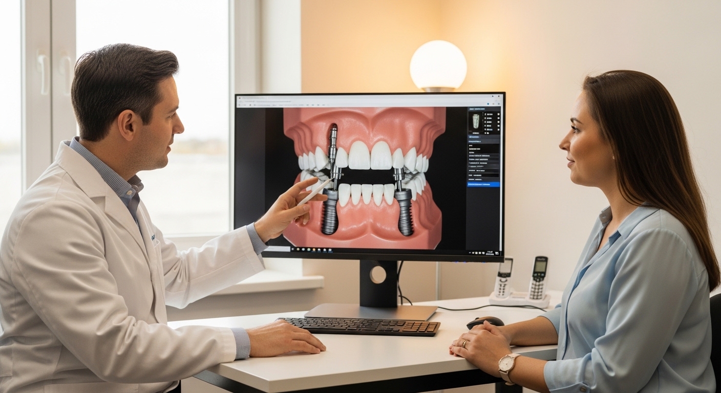 Dentist explaining full mouth dental implants using digital imagery