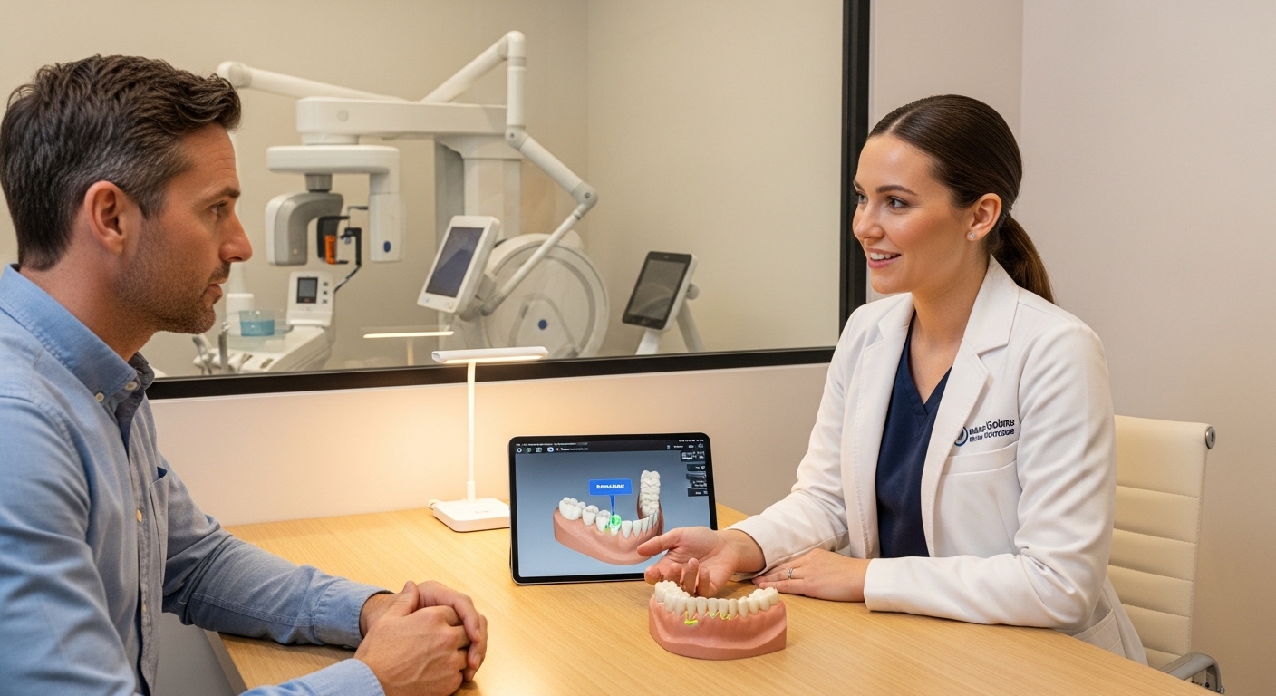 Dental patient consulting with implantologist in modern clinic setting